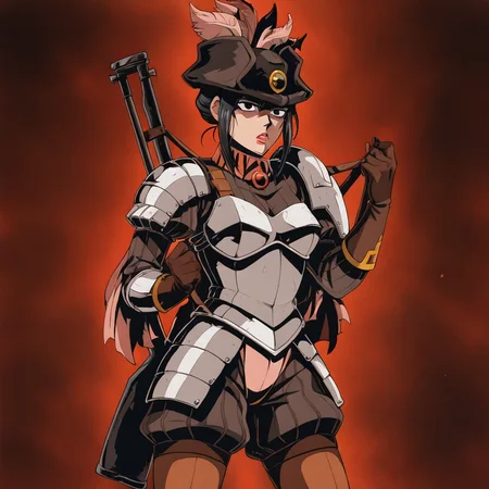 masterpiece, best quality, newest, absurdres, highres, vintage anime, 90s anime, DDstyle, official style, black eyes, shaded eyes, 1girl, DDMusV1.0, hat, rifle, holding weapon, hat, feather, tricorne, armor, gloves,