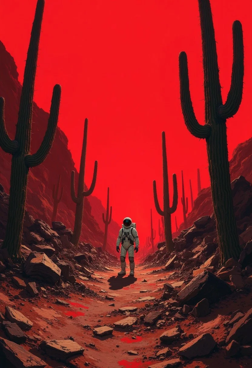 DB4RZ style painting, 　 The image depicts a haunting and desolate scene set on an alien planet. From a low angle, the viewer is drawn towards a lone astronaut standing amidst the wreckage of a crashed spacecraft. The figure is bathed in a blood-red hue, creating a sense of isolation and danger. The astronaut's white spacesuit stands out starkly against the dark, rocky terrain, emphasizing their vulnerability in the alien environment. Towering cacti cast long, eerie shadows, adding to the desolate and otherworldly atmosphere. The remnants of the spacecraft, scattered across the barren landscape, serve as a stark reminder of the dangers of space exploration. The overall tone of the image is one of loneliness, despair, and the unknown, with the astronaut's solitary figure and the alien landscape creating a sense of profound isolation.