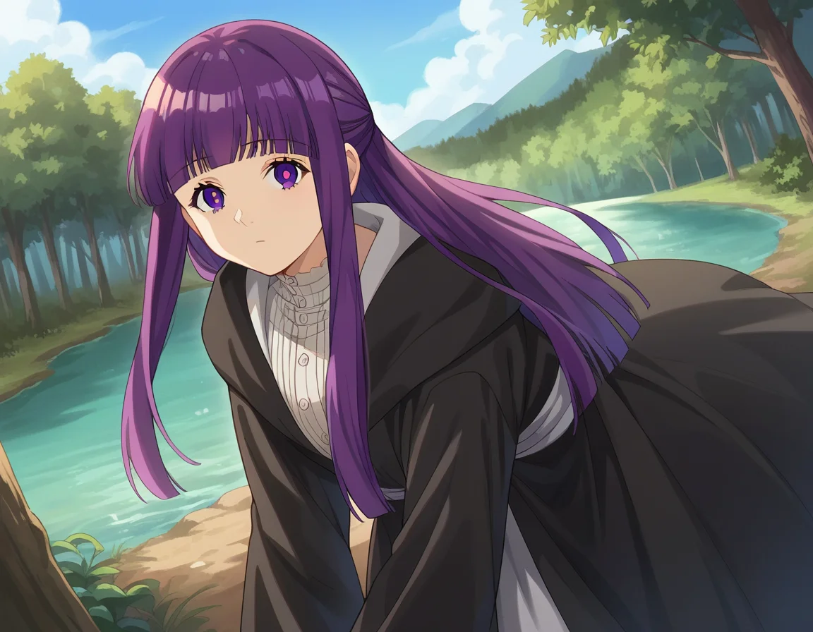 score_9, score_8_up, score_7_up, source_anime,
fern, <lora:fern-s1-ponyxl-lora-nochekaiser:1>,
fern, long hair, bangs, purple eyes, purple hair, sidelocks, blunt bangs, bright pupils, half updo,
long sleeves, dress, white dress, long dress, robe, black robe,
outdoors, nature, forest, trees, river, sun, sky, clouds, bent over,
looking at viewer, cowboy shot, dutch angle,