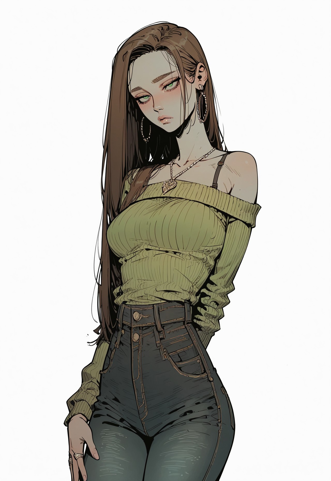 (score_9, score_8_up, score_7_up, score_6_up), (masterpiece, best quality, sinozick_style, 4k, perfect lighting),
solo,
1girl: (20-year-old female:1.2), brown hair, parted hair, brunette, green eyes, long hair, expressive face, slim waist, flat belly, hourglass figure, sexy legs, curvy hips, perfect butt, plump breasts, pale skin, hands, blushing, arms, small shoulders, hands, shins, (black jeans, short green tube-top sweater: 1.3), (necklace, rings, earrings: 1.2), (expressionless: 1.2),

(standing:1.1),
(plain white background:1.3),
