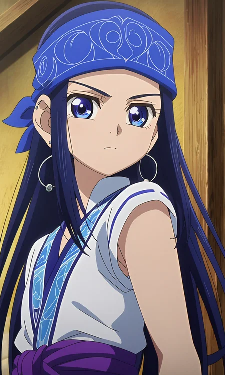 anime artwork Asirpa, blue hair, blue eyes, long hair, bandana, ear piercing,petite,flat chested,masterpiece,best quality,8k highres,detailed . anime style, key visual, vibrant, studio anime, highly detailed