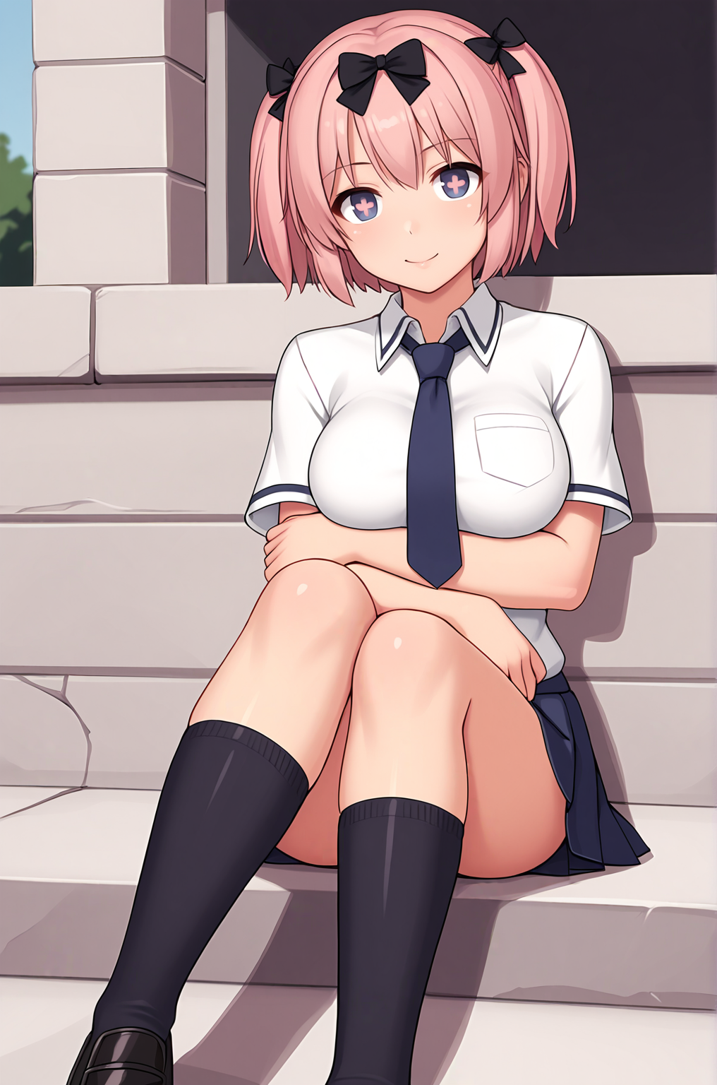 anime artwork, score_9, score_8_up, score_7_up, source_anime, BREAK, thick outline, fat outline,
Hibari_XL, purple eyes, cross-shaped pupils, pink short hair, short twintails, black hair bows, large breasts, BREAK, Hibari_School, school uniform, blue necktie, white buttoned shirt, pleated skirt, dark blue kneehighs, black loafers, BREAK, outdoors, crossed hands,
<lora:Hibari_XL_r1:0.7>
<lora:PersonalAmi_PonyXL:1.0>