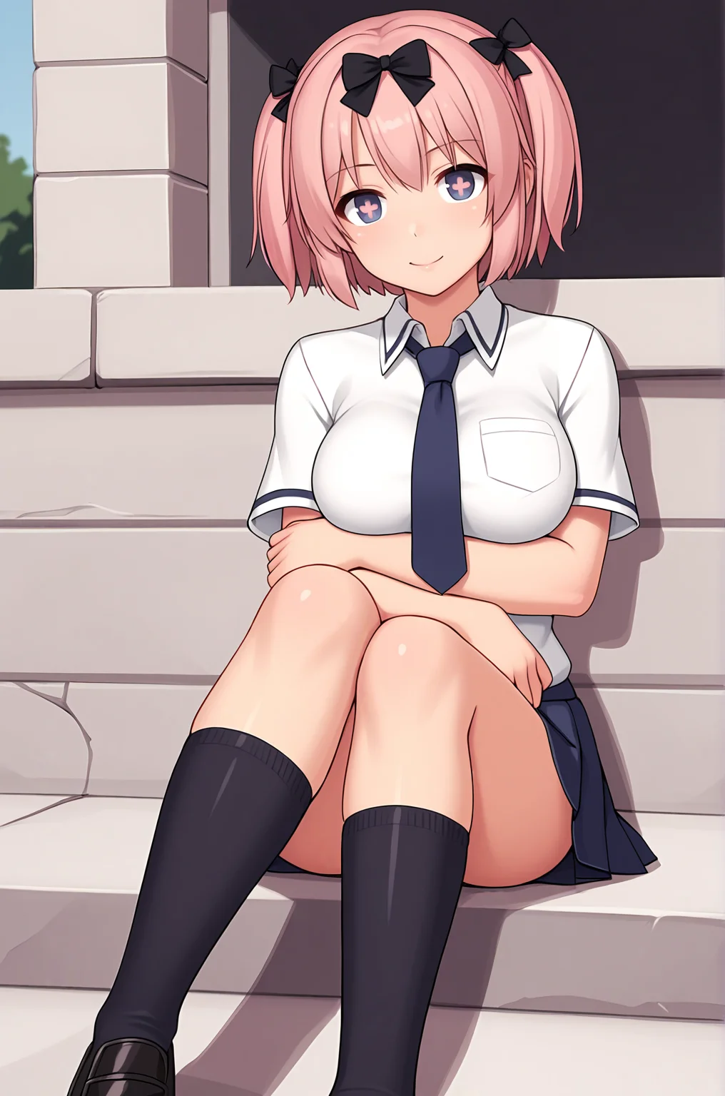 anime artwork, score_9, score_8_up, score_7_up, source_anime, BREAK, thick outline, fat outline,
Hibari_XL, purple eyes, cross-shaped pupils, pink short hair, short twintails, black hair bows, large breasts, BREAK, Hibari_School, school uniform, blue necktie, white buttoned shirt, pleated skirt, dark blue kneehighs, black loafers, BREAK, outdoors, crossed hands,
<lora:Hibari_XL_r1:0.7>
<lora:PersonalAmi_PonyXL:1.0>