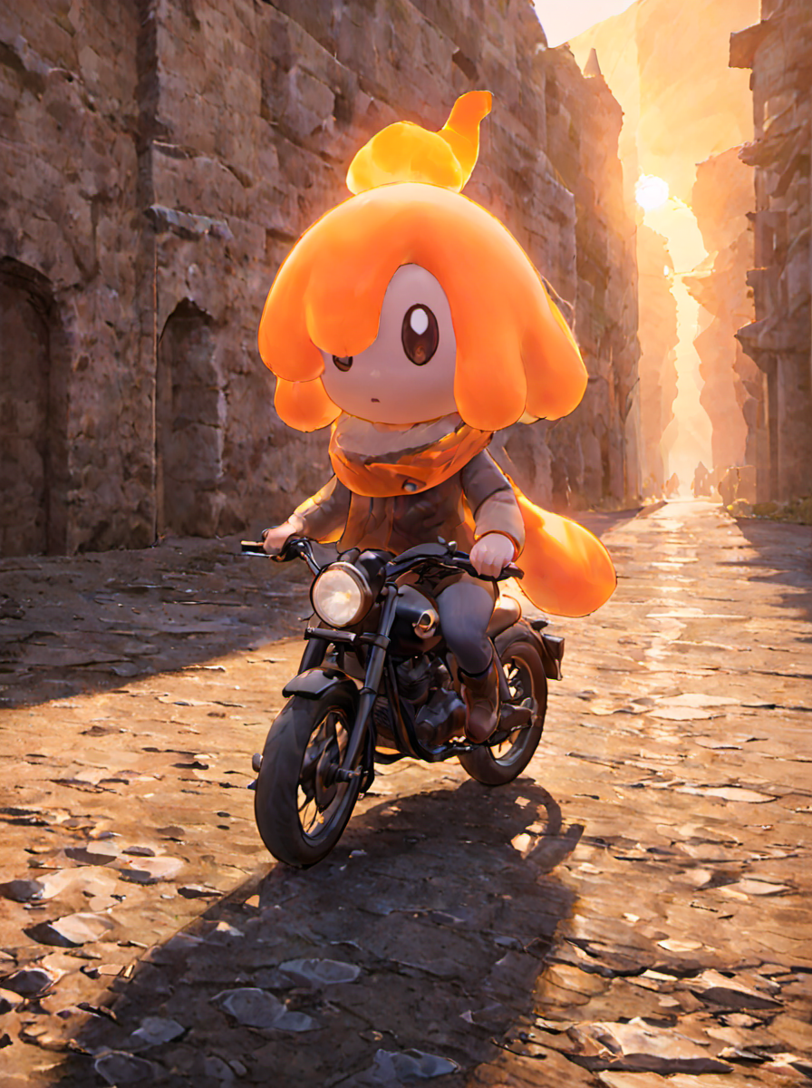 palworld-flambelle,  <lora:palworld_flambelle_xl_lora_v4-000030:0.7>, full body, (riding motorcycle:1.5), 
masterpiece, best quality,  sunset, fantasy landscape, full body, standing