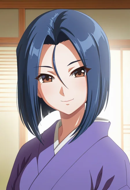 masterpiece, best quality, amazing quality, 1girl, solo, (portrait:1.2), renww, brown eyes, blue hair, medium hair , parted bangs, forehead, medium breasts, japanese clothes, purple kimono, looking at viewer, smile, indoors, day, skindentation, detailed clothing folds, depth of field, sharp, high contrast, dynamic light <lora:Seto_Ren_Seto_no_Hanayome_ill_v10:0.9>
