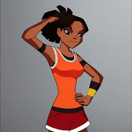 1girl, solo, mia rodriguez, orange vest, tank top, red shorts, arm band, breasts, hand on own hips, hand behind hair