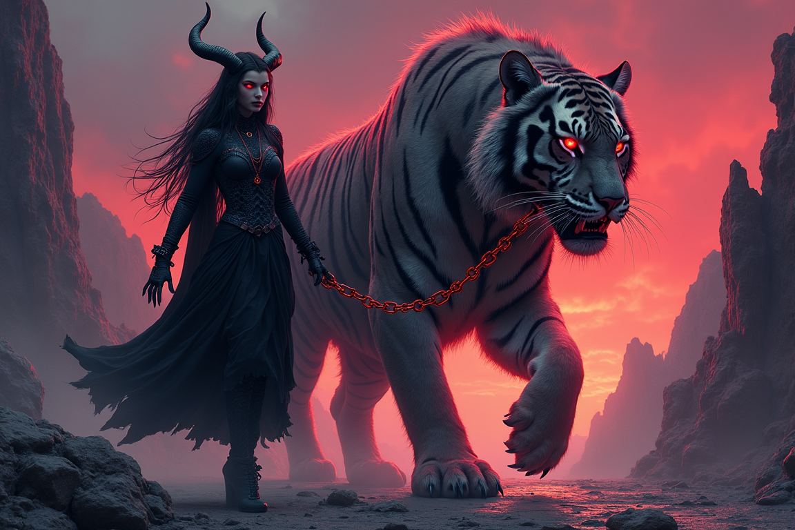 Full-length portrait of a sinister demon girl with obsidian horns, glowing crimson eyes, and clawed hands, striding confidently with a colossal sabre-tooth tiger bound by a molten chain leash. Style: Fusion of Zdzisław Beksiński’s surreal dystopian atmosphere (organic, biomechanical textures), Frank Frazetta’s primal dynamism (muscular anatomy, dramatic lighting), and Ayami Kojima’s gothic elegance (flowing robes, intricate patterns). Medium: Ethereal digital painting with ink-like precision and smoky, smoldering textures. Color palette: Deep blood-red, charcoal black, and ash-gray tones, with neon violet accents on the tiger’s spectral stripes and the demon’s smoldering chain. Composition: Diagonal layout emphasizing movement; the tiger’s snarling muzzle contrasts with the girl’s calm, predatory smirk. Background: Jagged obsidian cliffs under a bruised twilight sky, lit by a dying star. Rules: Hyper-detailed textures on the tiger’s fur and the demon’s scales, zero warm colors except crimson glows, chiaroscuro lighting to enhance menace, and a blurred motion effect on the chain to imply supernatural control. Forbid cuteness or cartoonish styles; prioritize haunting, mythic grandeur.