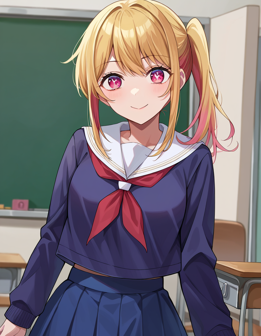 score_9, score_8_up, score_7_up, source_anime,
rubyhoshino, <lora:ruby-hoshino-ponyxl-lora-nochekaiser:1>,
ruby hoshino, long hair, bangs, blonde hair, pink eyes, sidelocks, symbol-shaped pupils, multicolored hair, two-tone hair, smile,
side ponytail, long sleeves, school uniform, serafuku, sailor collar, neckerchief, cardigan, red neckerchief, white sailor collar, skirt, blue skirt,
indoors, classroom,
looking at viewer, cowboy shot, dutch angle,