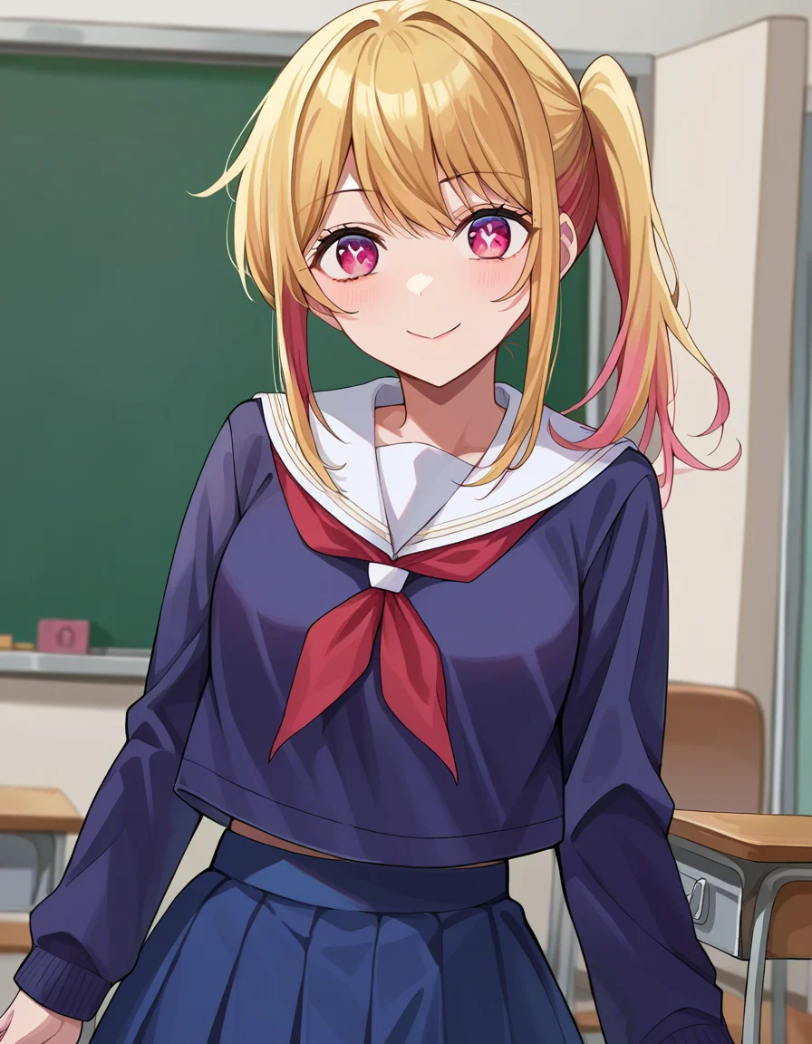 score_9, score_8_up, score_7_up, source_anime,
rubyhoshino, <lora:ruby-hoshino-ponyxl-lora-nochekaiser:1>,
ruby hoshino, long hair, bangs, blonde hair, pink eyes, sidelocks, symbol-shaped pupils, multicolored hair, two-tone hair, smile,
side ponytail, long sleeves, school uniform, serafuku, sailor collar, neckerchief, cardigan, red neckerchief, white sailor collar, skirt, blue skirt,
indoors, classroom,
looking at viewer, cowboy shot, dutch angle,