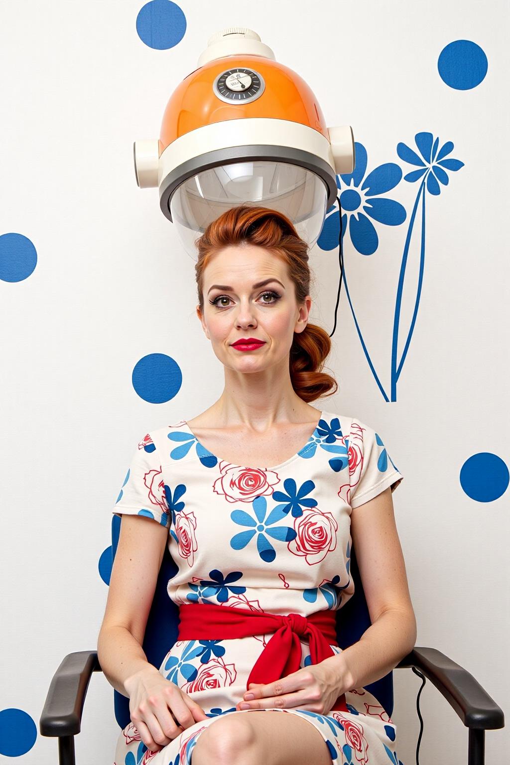 a woman is seated on a chair, her hair is styled in an orange and white vintage hair dryer. She is wearing a sleeveless dress with a red belt, adorned with a floral pattern. Her hair is pulled back in a ponytail, adding a pop of color to the scene. The backdrop is a stark white wall adorned with blue circles and a blue flower design. <lora:vintage_hair_dryer_v1:1.0> <lora:Flux-Sch-SingleBlocks-BF16:1.0><lora:803955652608252701:0>