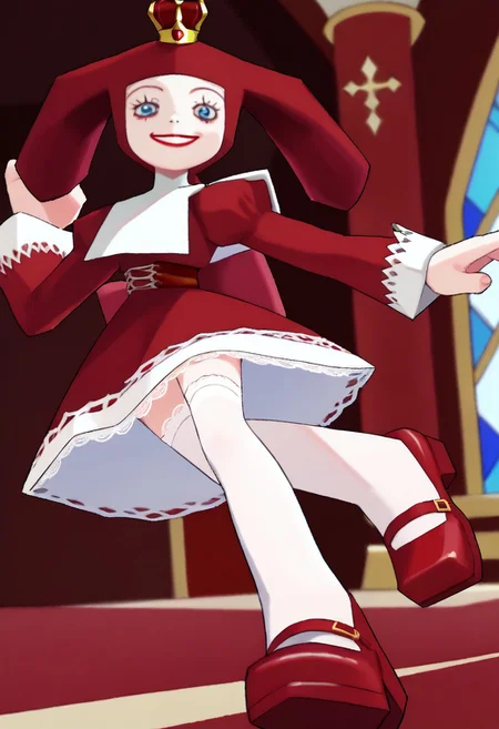 score_9, score_8_up, score_7_up BREAK PriZuDDR, 1girl, red gold crown, red headdress, blue eyes, red lipstick, white collar, long-sleeved red dress, red belt, buckle, white lace trims, white frills, white petticoat, white stockings, red platform shoes, red palace indoors, red royal palace background, elegant room, solo, solo focus, female, female focus, regal pose, regal attitude, royalty scene,