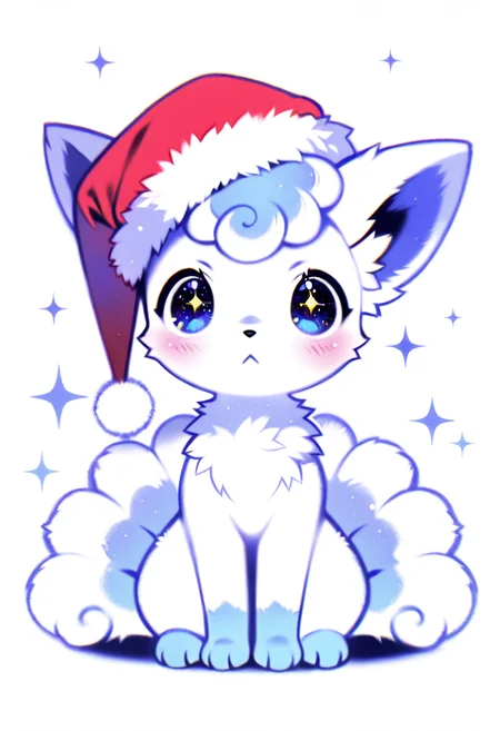 masterpiece, best quality, no humans, zzVulpixA, fluffy, zzVulpixA, christmas, fluffy, foxlett, full body, hat, looking at viewer, multiple tails, pleading eyes, santa hat, shiny pokemon, sitting, sparkling eyes, white background, blush, closed mouth, red headwear, :<, fur-trimmed headwear ,<lora:VulpixAlolanPokedex_IXL_v1:1.0>,