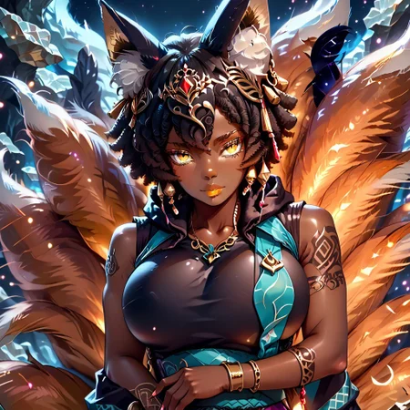 (score_9), score_8_up, score_7_up, 
anime
1girl, full body,
(dark brown skin, beautiful, black hair, curly hair (large round afro: 1.4), (((Kitsune)), Fox ears, ((fox tail)), large tail, (nine tails), (multiple tails), saddle brown tails:1.2, black fur tips: 1.6), (yellow eyes, slit pupils: 1.4), (glowing eyes: 0.8), eyesHD, high definition eyes, teeth with fangs, black claws, 
(tattoo, hood, jewelry, bracelet, sleeveless, hoodie:1.2), 
(gigantic breasts, round breasts, huge ass, sexy, thick thighs:1.2)), top heavy, black lipstick, silver jewelry, evil grin, sexy, (black hole in hand), holding black hole,  
blue flames
Alleyway, night, crystals
