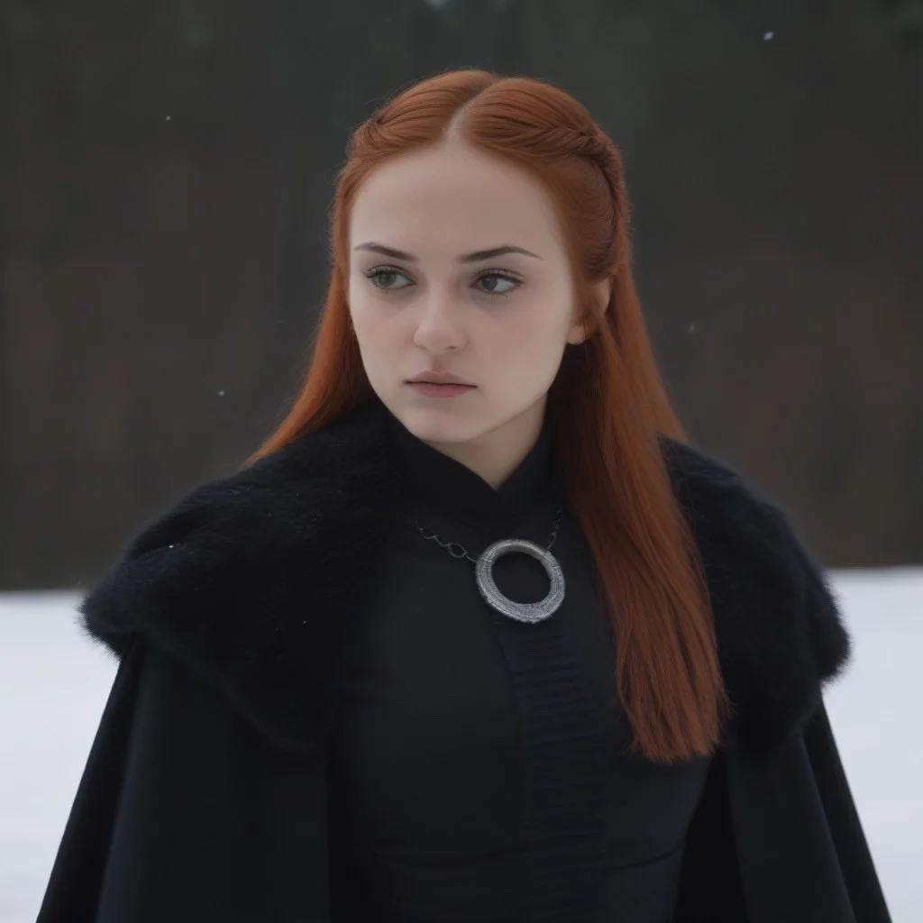 masterpiece, best quality, SansaStark, 1girl, solo, long hair, red hair, blue eyes, black dress, fur trim, cape, upper body, <lora:SansaStark_illustrious_Leaf2:1>, snow, outdoors,