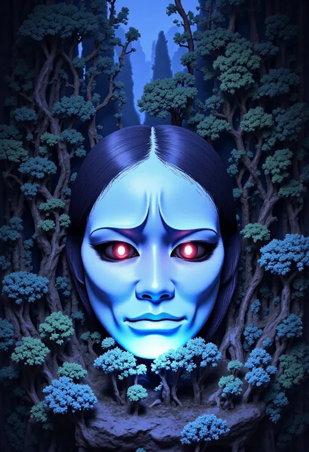 high definition digital animation depicting a cursed no-face mask gdorn radiating an eerie cyan and magenta aura displayed in a liminal bonsai garden, Studio Ghibli Dark Fairytale