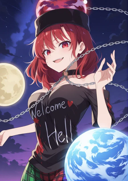 absurdres, highres, masterpiece, best quality, amazing quality, official anime artwork, screencap, anime screencap, outdoors, dynamic pose,
 <lora:Hecatia-LapisLazuli_Illustrious:1> hecatia lapislazuli, 1girl, solo, red eyes, red hair, medium hair,, polos crown, black t-shirt, off-shoulder, bare shoulders, multicolored miniskirt, plaid miniskirt, chain, choker, earth ornament, moon ornament, 
cloud, star, night, evil smile, open mouth, looking at viewer,
