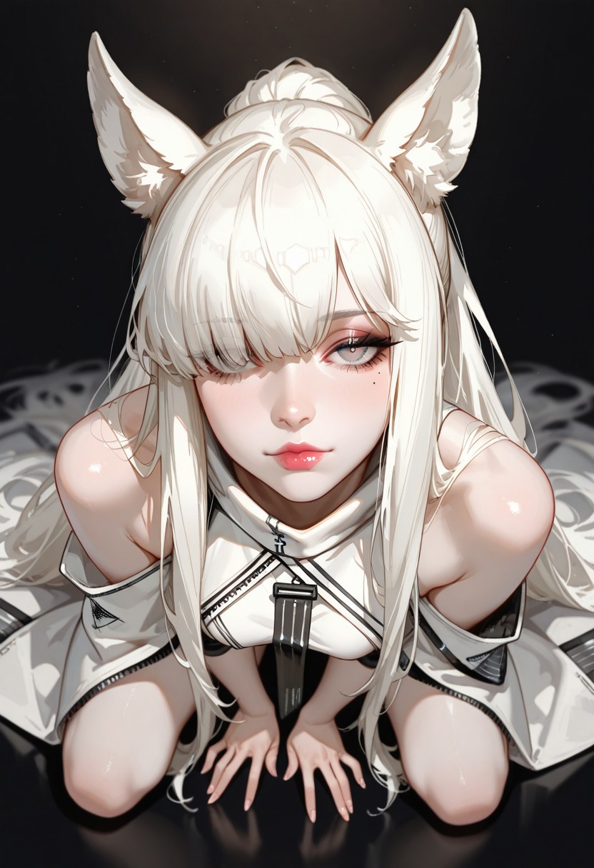 masterpiece, best quality, good quality, very aesthetic, absurdres, newest, 8K, depth of field, focused full body subject, dynamic sexy pose, full body 1girl, solo, platinum from arknights, hair over one eye, fingernails, eyelashes, full lips, mole under eye, Pale white skin, makeup, half-open eyes, lipstick, mascara, realistic, Cinematic Lighting, bare shoulders, solemn look, looking at viewer, shadowy black background, incredibly sexy, seductive, detailed eyes