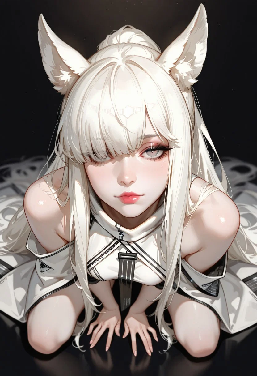 masterpiece, best quality, good quality, very aesthetic, absurdres, newest, 8K, depth of field, focused full body subject, dynamic sexy pose, full body 1girl, solo, platinum from arknights, hair over one eye, fingernails, eyelashes, full lips, mole under eye, Pale white skin, makeup, half-open eyes, lipstick, mascara, realistic, Cinematic Lighting, bare shoulders, solemn look, looking at viewer, shadowy black background, incredibly sexy, seductive, detailed eyes