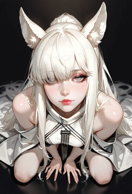 masterpiece, best quality, good quality, very aesthetic, absurdres, newest, 8K, depth of field, focused full body subject, dynamic sexy pose, full body 1girl, solo, platinum from arknights, hair over one eye, fingernails, eyelashes, full lips, mole under eye, Pale white skin, makeup, half-open eyes, lipstick, mascara, realistic, Cinematic Lighting, bare shoulders, solemn look, looking at viewer, shadowy black background, incredibly sexy, seductive, detailed eyes