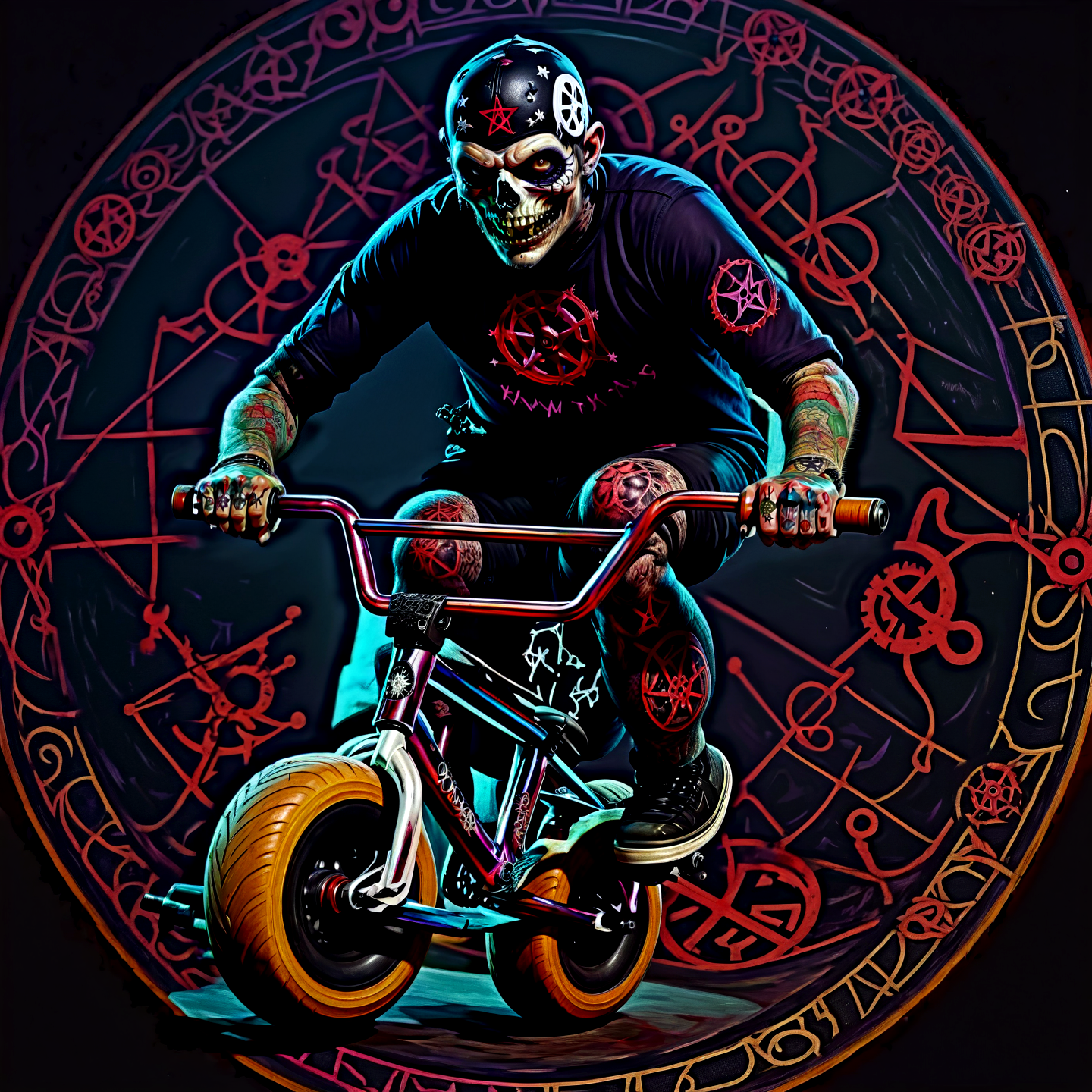 Occult satanic artwork man driving a mini bmx,,. Pentagrams, demonic figures, inverted crosses, dark ritualistic horror