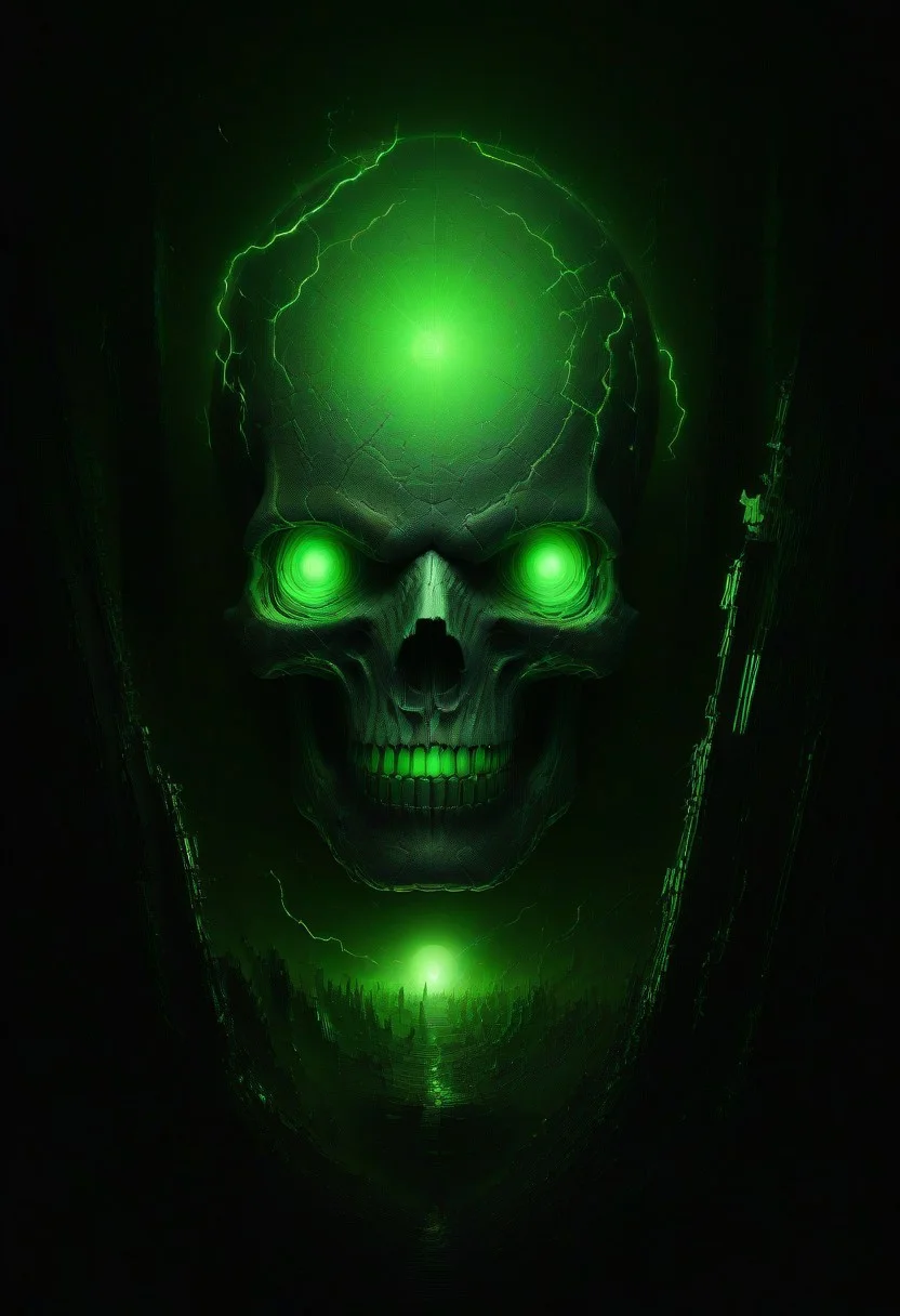 green sun, electricity, green glow, green theme, Necron, giant skull, chaos,