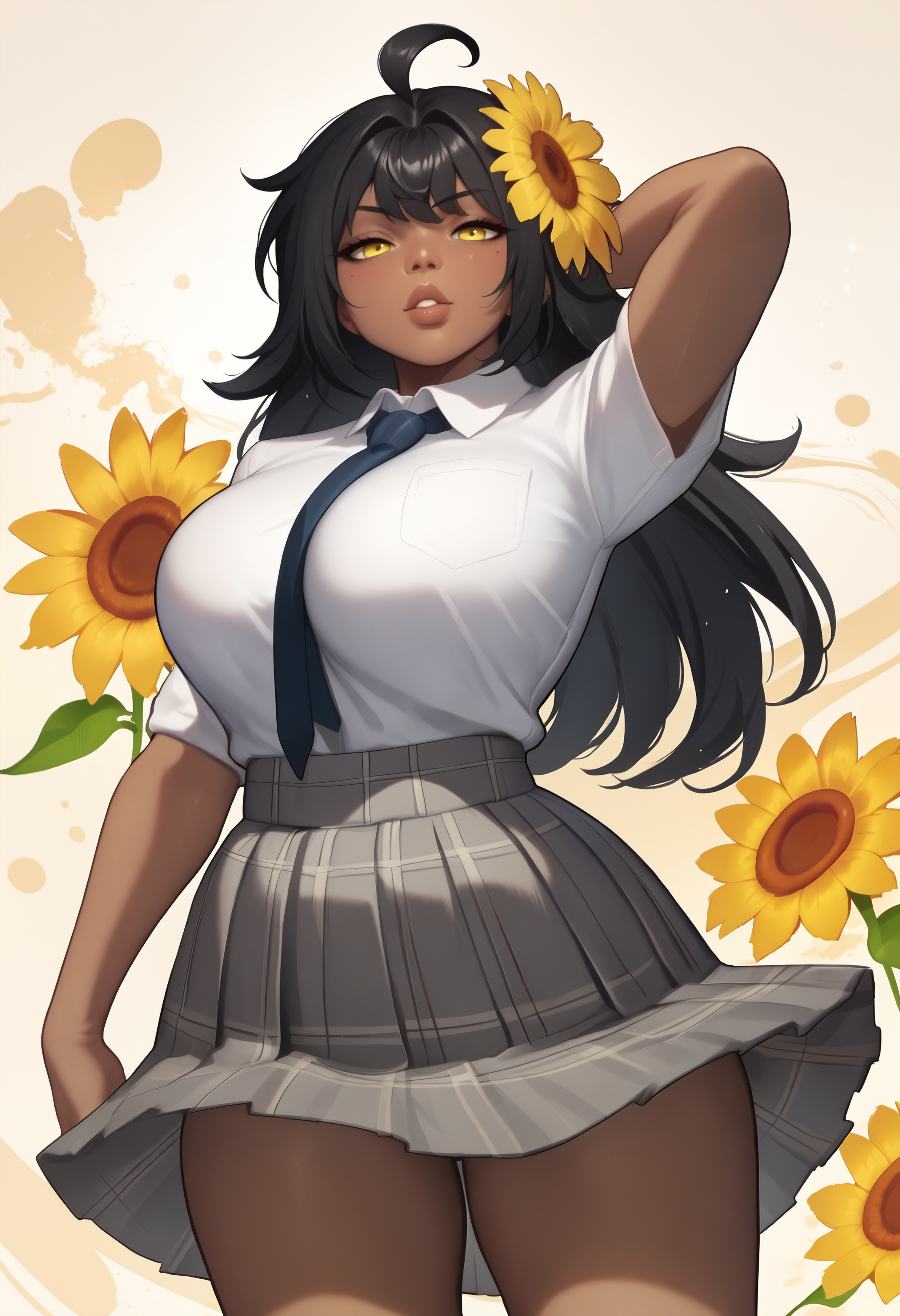 score_9, score_7_up BREAK abstract background,seductive,parted lips,latidar, sunflower hair ornament, yellow eyes, dark skin, dark-skinned female, large breasts,black hair,ahoge,long hair,bangs,plaid skirt,grey skirt,school uniform,necktie between breasts,white shirt,pose,presenting <lora:latina-the dark brown-koto-PonyXL:0.8>  <lora:ickp_pd_glora:1>