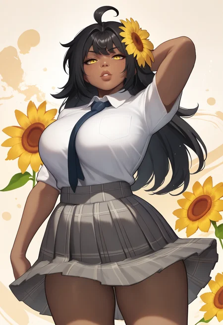 score_9, score_7_up BREAK abstract background,seductive,parted lips,latidar, sunflower hair ornament, yellow eyes, dark skin, dark-skinned female, large breasts,black hair,ahoge,long hair,bangs,plaid skirt,grey skirt,school uniform,necktie between breasts,white shirt,pose,presenting <lora:latina-the dark brown-koto-PonyXL:0.8>  <lora:ickp_pd_glora:1>
