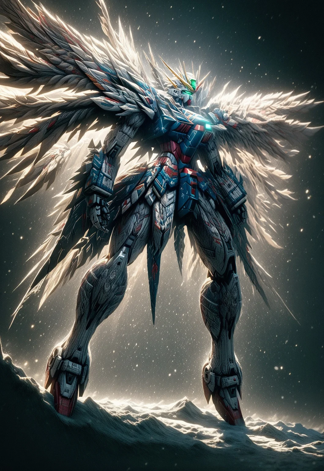ChristmasSweater, finely detailed, masterpiece, intricate details, beautiful detailed, delicate, best quality, ray tracing, Low-key lighting Style, dim light, low light, dramatic light, partially covered in shadow, no humans, ((dark background)), night, snowing, mountain, sci-fi, flying gundam, (((WingZeroCustom:1.4)))