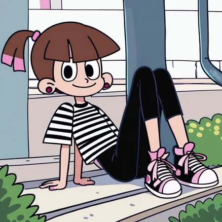 score_9, score_8_up, score_7_up BREAK SonyaToast, 1girl, brown hair, blunt bangs, black eyes, ponytail with pink accents, pink scrunchie, fuchsia pearl earrings, short-sleeved black white striped shirt, black pants, pink white high-top sneakers, smiling at viewer, cartoon, source_cartoon,