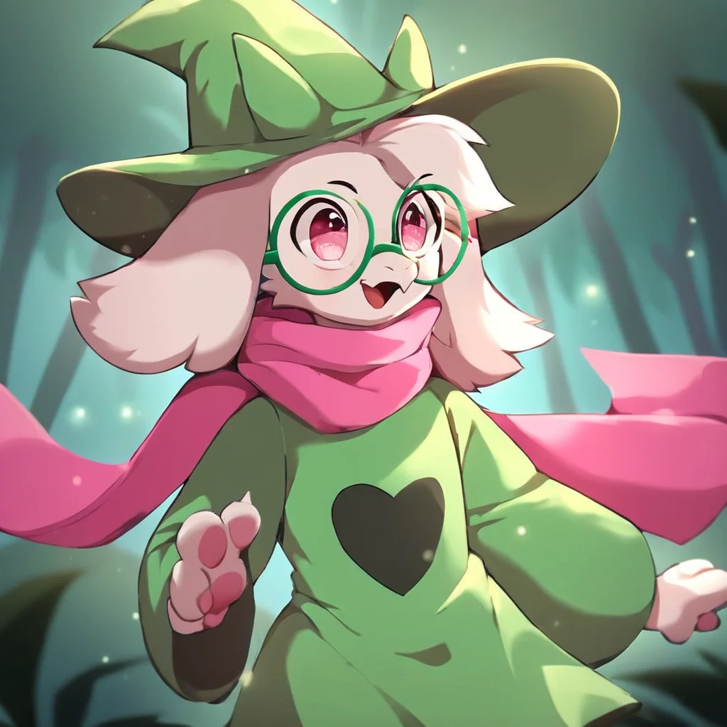 cinematic film still score_9,score_8_up,score_7_up,score_6_up,score_5_up,score_4_up, solo anthro, goat, RalseiWhite, upper body, boy, (pink eyes), green robe, pink scarf, Green hat, White fur, ((round glasses, Green glasses)), (happy, dancing), <lora:Ralsei B-W-000016:1>, forest background . shallow depth of field, vignette, highly detailed, high budget, bokeh, cinemascope, moody, epic, gorgeous, film grain, grainy