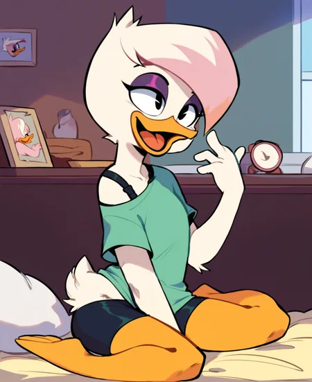 score_9, score_8_up, score_7_up, score_6_up, best quality, highres, source_furry, source_cartoon BREAK
1girl, female, solo, furry, inside, bedroom, duck, beak, lena sabrewing, young, child, white skin, white hair, pink highlights, short hair, orange legs, black eyes, purple eyeshadow, green t-shirt, bra strap, off shoulder, bike shorts (hand up) laughing, open smile, tongue <lora:Lena_Sabrewing:1>