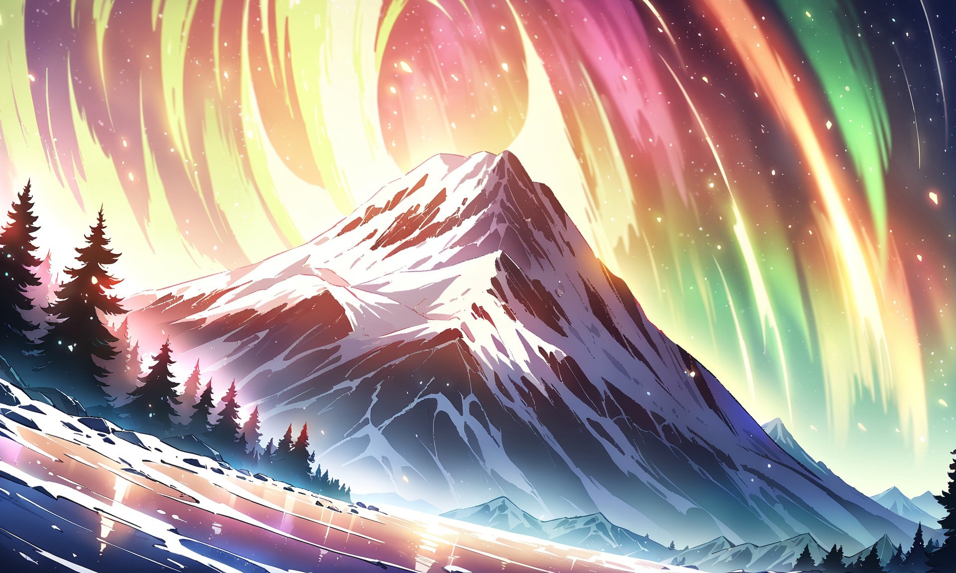 masterpiece, best quality, high quality, intricate, absurdres, very aesthetic, 
no humans, 
landscape, outdoors, nature, night,
mountain tops, snowy mountain, rocky mountains,
river, spring, sparkling water, mist, 
lava, magma stream, volcano in background,
trees, evergreen trees, windy, visible wing, wind lines, aurora,
ultra wide angle shot, cinematic style, highly detailed, majestic, shallow depth of field, movie still, hard light, circular polarizer, colorful, wallpaper, anime