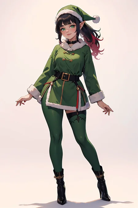 (masterpiece, best quality, highres, high resolution:1.2), extremely detailed, intricate details, 1girl, solo, looking at viewer, clamEmma, <lora:clamEmma:0.6>, (simple background, white background:1.2), full body, santa's elf, green outfit, green tights, stocking cap, high heel boots, smile, side-swept bangs, black hair, pink IncursioDipDyedHair, messy mid ponytail, green eyes, thick eyebrows, freckles, <lora:DipDyedHair:0.8>, <lora:weight_slider_v2:0.25>, (cinematic lighting, bloom, volumetric)