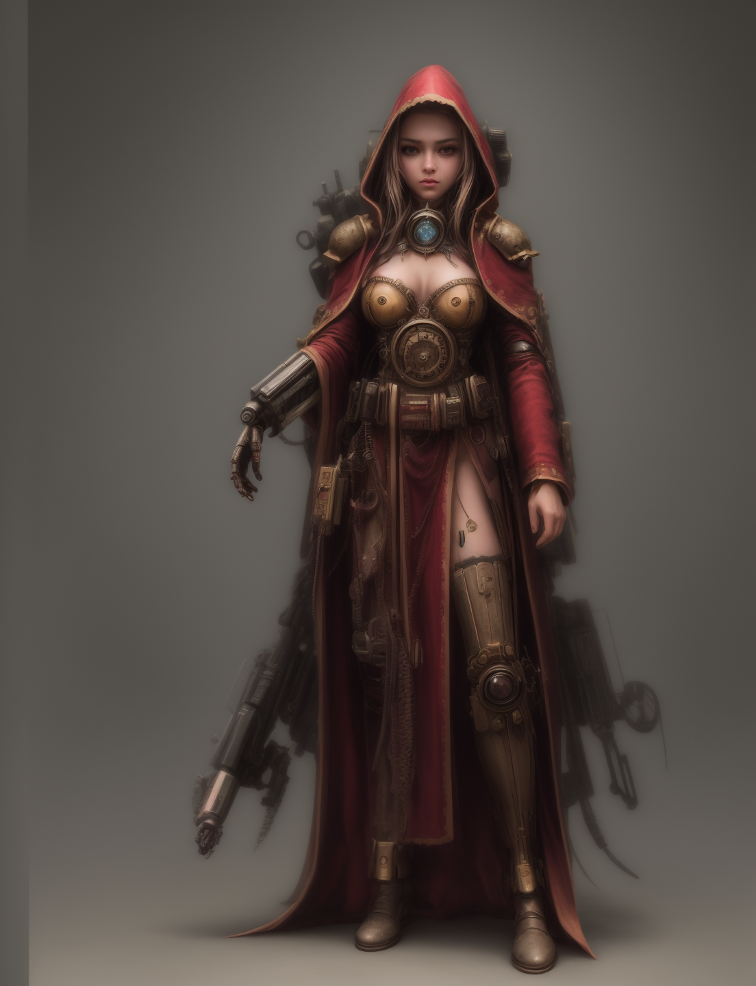 Ultra-realistic 8k CG, masterpiece, best quality, (very detailed face),masterpiece, best quality, 1girl, 20 years old, woman, colorful, (full body, wide shot),  <lora:more_details:0.8>  <lora:techpriest:0.8> mechanical arms, steampunk, hood, robe, techpriest, forgeworld, adeptus mechanicus,