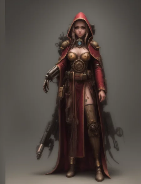 Ultra-realistic 8k CG, masterpiece, best quality, (very detailed face),masterpiece, best quality, 1girl, 20 years old, woman, colorful, (full body, wide shot), <lora:more_details:0.8> <lora:techpriest:0.8> mechanical arms, steampunk, hood, robe, techpriest, forgeworld, adeptus mechanicus,