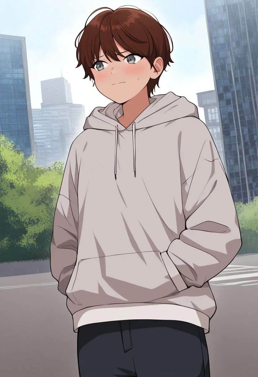Masterpiece, Highest Quality, Score_9, Score_8_up, Score_7_up, source_anime. anime style. masterpiece, highres, absurdres. Best resolution.
solo. handfixer. building entrance. embarrassed. standing posture
song jiwoo. 1girl. brown hair. short hair. gray eyes. tomboy. 
gray hoodie. hood down. gray long pants