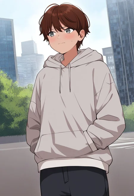 Masterpiece, Highest Quality, Score_9, Score_8_up, Score_7_up, source_anime. anime style. masterpiece, highres, absurdres. Best resolution.
solo. handfixer. building entrance. embarrassed. standing posture
song jiwoo. 1girl. brown hair. short hair. gray eyes. tomboy.
gray hoodie. hood down. gray long pants