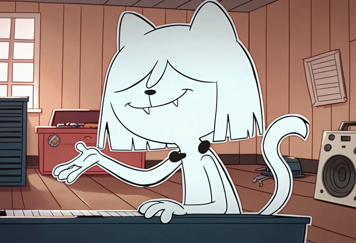 score_9, score_8_up, score_7_up BREAK QatTM, 1girl, anthro cat, white fur, white ears, black nose, hair-covered eyes, unseen eyes, white bobcut, fangs, tail, smiling, garage indoors, garage background, playing the piano,