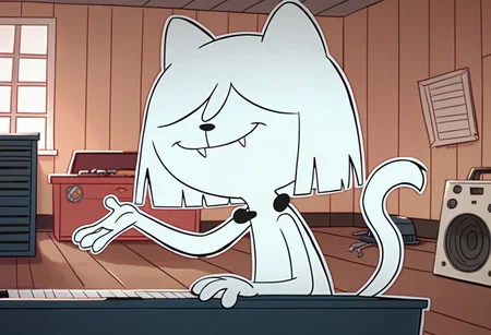 score_9, score_8_up, score_7_up BREAK QatTM, 1girl, anthro cat, white fur, white ears, black nose, hair-covered eyes, unseen eyes, white bobcut, fangs, tail, smiling, garage indoors, garage background, playing the piano,