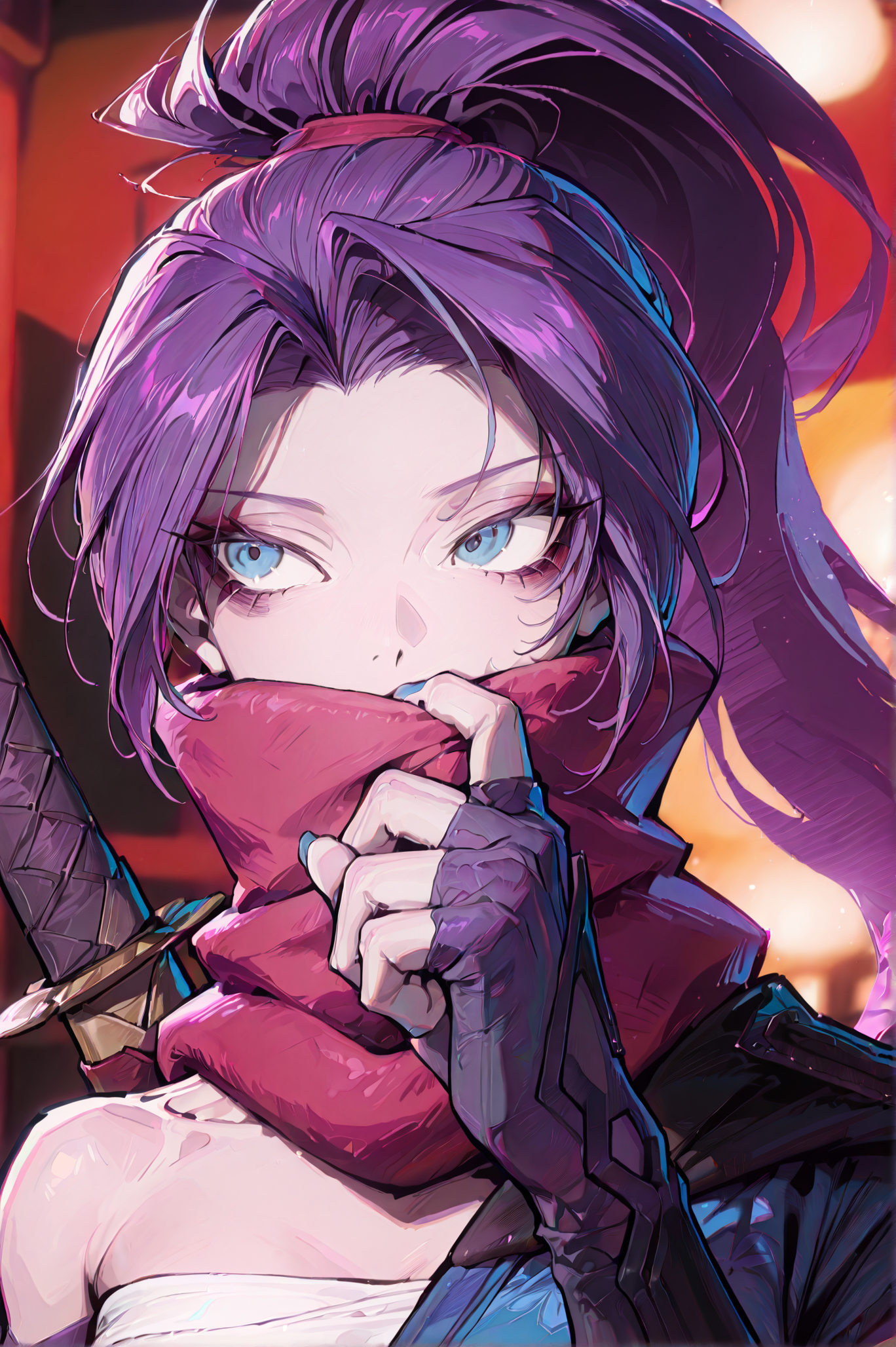 1girl, solo, (portrait:1.5), 30y, <lora:Psylockev1_Illu_Dwnsty:1> psylocke_mvr, blue eyes, purple hair, high ponytail, parted bangs, long hair, red scarf, scarf over mouth, japanese clothes, chest sarashi, kimono, sash, red belt, obi, single shoulder pad, fingerless gloves, arm guards, nail polish, blue nails, black footwear, blue thighhighs, sheath, weapon on back, blurry background, <lora:cgel-style-richy-v1_ixl:1>, <lora:princess_xl_v2:1>, <lora:illustrious_noobai_epsilon_pred_11_very_aesthetic_v1:1> masterpiece, best quality, very aesthetic, absurdres, <lora:illustrious_noobai_epsilon_pred_1_best_quality_v1:0.8> masterpiece, best quality, very aesthetic, absurdres, masterpiece, best quality, amazing quality, very aesthetic, absurdres, ultra-detailed, newest