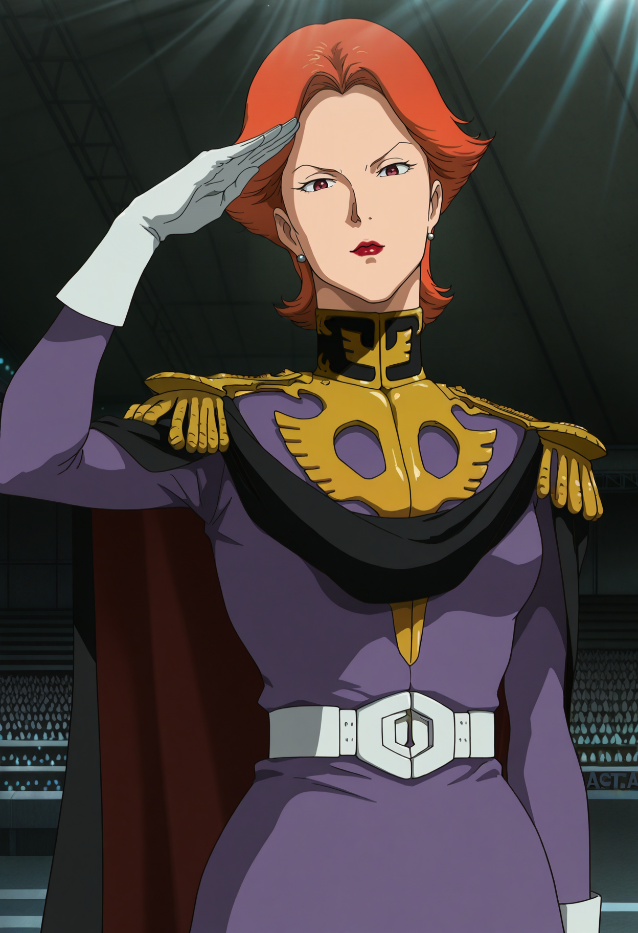 masterpiece, best quality, good quality, <lora:GOKycilia:1>, GOKycilia, 1girl, solo, orange hair, red eyes, lipstick, earrings,
purple zeon military uniform, white belt, cape, capelet, white gloves,
looking at viewer, light rays, salute, 
BREAK indoors, auditorium,
