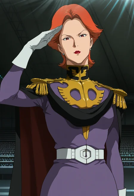 masterpiece, best quality, good quality, <lora:GOKycilia:1>, GOKycilia, 1girl, solo, orange hair, red eyes, lipstick, earrings,
purple zeon military uniform, white belt, cape, capelet, white gloves,
looking at viewer, light rays, salute, 
BREAK indoors, auditorium,