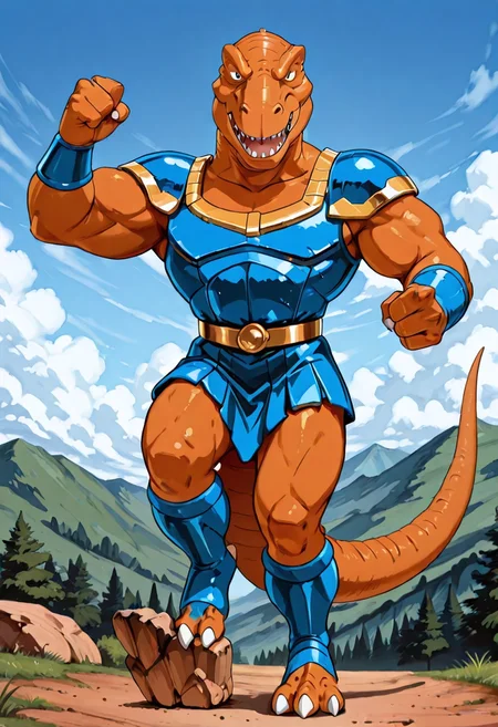 score_9, score_8 up, score_7, 8K, In'ei, traditional animation cel, perfect depth of field shot, beautiful, sharp focus, crisp details, 90s animation, masterclass animation, photographic realism, source_anime, orange tyrannosaurus rex-anthro wearing blue roman armor, roman centurion armor, gladiator armor, blue chest armor, blue stomach armor
orange tyrannosaus-rex anthro, dinosaucers, extreme dinosaurs, muscular, dinosaur, trex, blue lorica musculata, blue Pteruges, blue roman armor skirt, blue greaves, blue bracers, gold trim on armor, perfect proportions, long tail, orange skin, orange scales, 
exterior, detailed anime sky with clouds, dynamic action, bent leg, nature, in the style of the cartoon Dinosaucers, 80s cartoon, punch, black linework with flat anime color, heroic pose, smiling, three toes per foot