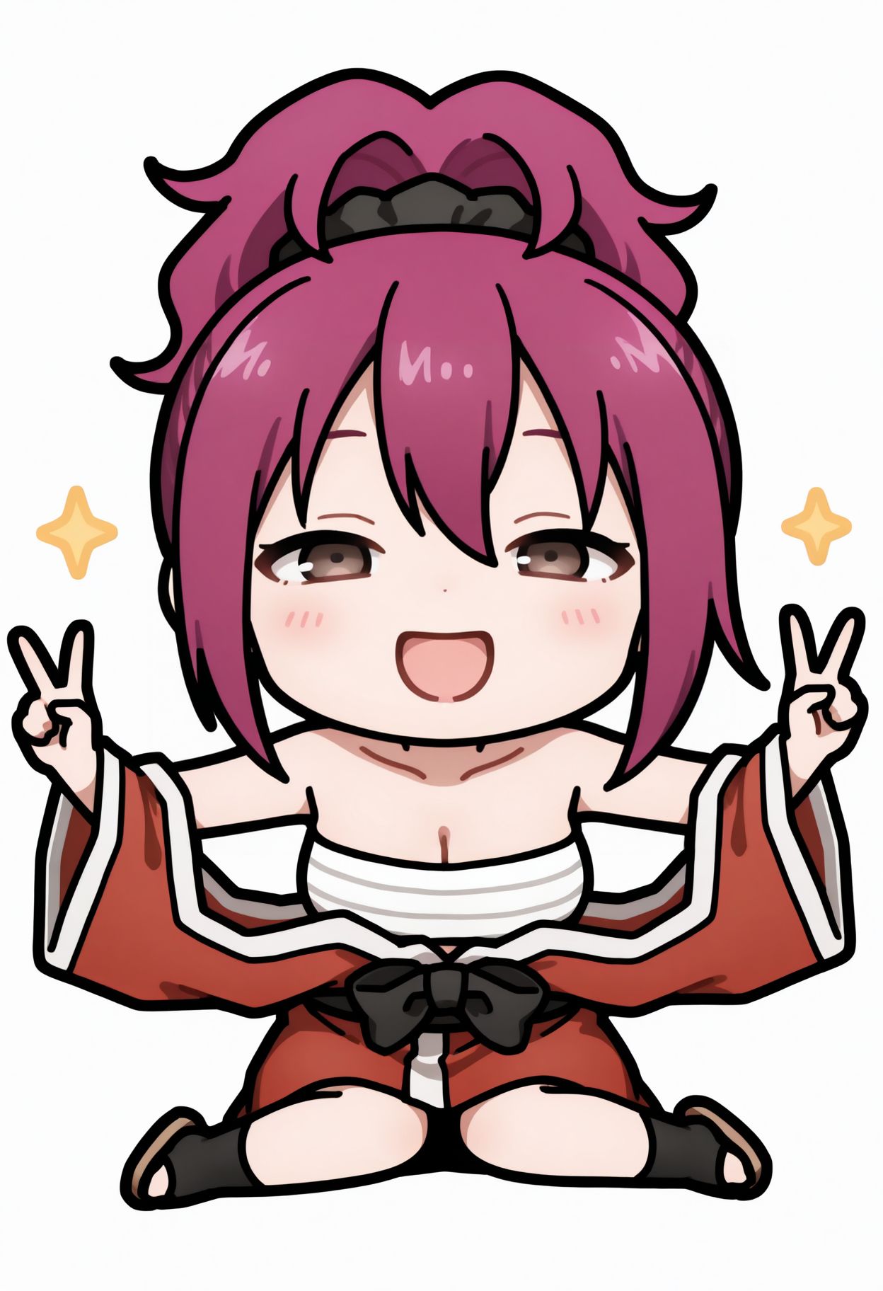 masterpiece,best quality,absurdres,highres,very aesthetic,high quality,detailed,insanely detailed,beautiful,perfect lighting, looking at viewer,  very awa 
 <lora:Azami  llu:1> 1girl, chest sarashi, chibi, japanese clothes, hair scrunchie, medium breasts, high ponytail, full body, open mouth, red kimono, hair between eyes, double v, cleavage, brown eyes, purple hair, smile, looking at viewer, blush, bare shoulders, long hair, sandals, egasumi, white background, hands up, black scrunchie, knees together feet apart, off shoulder, collarbone, black bow, :d, hair ornament, double w, 
sitting, on floor, smile, dot eyes, sparkles, spread arms, chibi, meme, thick lines, simple background, white background, <lora:style_walfie_illustriousXL-GLoRA:1>,