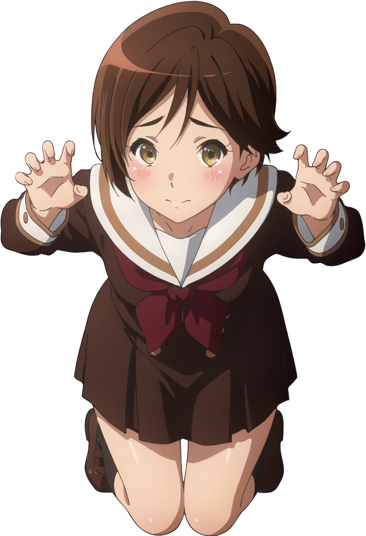 best quality, masterpiece, anime screencap, simple background, solid white background, 1girl, solo, looking at viewer, full body,
 <lora:Michiyo:1> mmorimoto, brown hair, brown eyes, short hair,  detailed face,  kitauji high school uniform,   brown uniform,  claw pose, (blush:2),