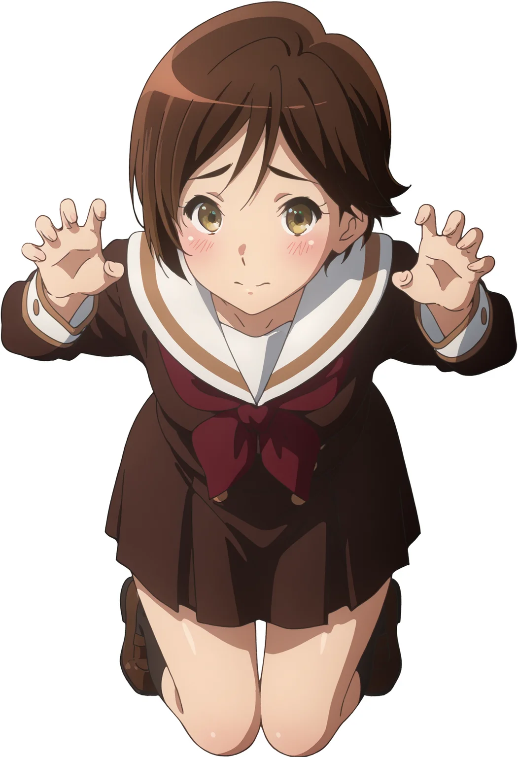 best quality, masterpiece, anime screencap, simple background, solid white background, 1girl, solo, looking at viewer, full body,
 <lora:Michiyo:1> mmorimoto, brown hair, brown eyes, short hair,  detailed face,  kitauji high school uniform,   brown uniform,  claw pose, (blush:2),