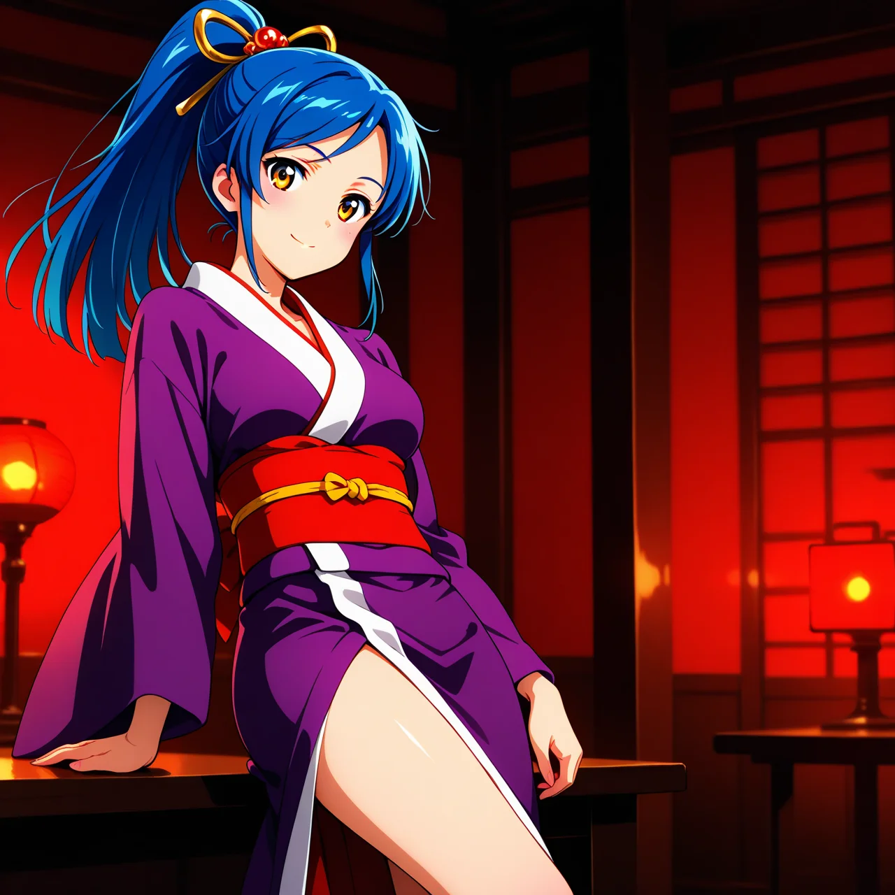 <lora:pi-sayuri-chan-IL_v1:0.8>pi-sayuri-chan, solo, long hair, high ponytail, blue hair, 4K, anime coloring, BREAK
japanese clothes, kimono, purple kimono, Plain color kimono,
medium breasts,
geta,
bare foot,
standing, smile,
red light district, indoors,
master piece, beatuiful face, best quality, upper body,