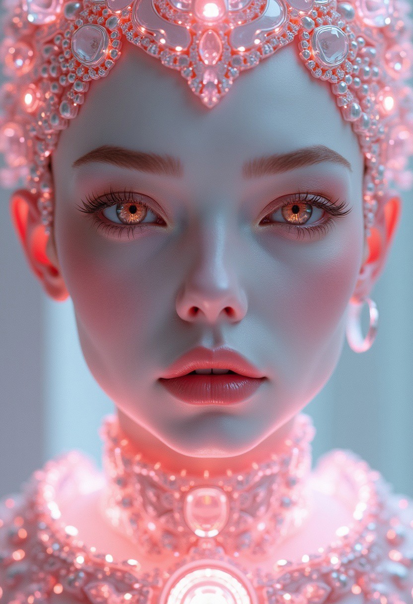 A hyperrealistic, masterpiece close-up portrait of a regal futuristic empress, ethereal and divine, with porcelain white skin glowing with a soft rose-ivory gradient. Her symmetrical facial features are illuminated by radiant blush-pink crystal light, and her eyes shimmer in shades of icy rose quartz with a subtle inner glow. Ultra-detailed facials are adorned with translucent pink crystal bead ornaments, embedded across her cheeks and brow like sacred circuitry. A futuristic silver-pink headdress, encrusted with shimmering rose crystals and pearls, crowns her head like a divine halo. Around her neck, an intricate baroque-style armor collar sparkles with opalescent pink gemstones, refracting the light like fractured glass. A glowing magenta-pink crystal core pulses from her chestplate, echoing her inner power. Her makeup is delicate yet striking: soft golden-pink eyeshadow, nude metallic lips with a rosy sheen. The ambient sci-fi background bathes her in a cool-pink glow with scattered bokeh lights, creating a cinematic depth of field. Every crystal surface refracts light with dazzling diffraction and subtle total internal reflection, bringing sharp 8K ultra-detailed definition to this fantasy-sci-fi fusion masterpiece
