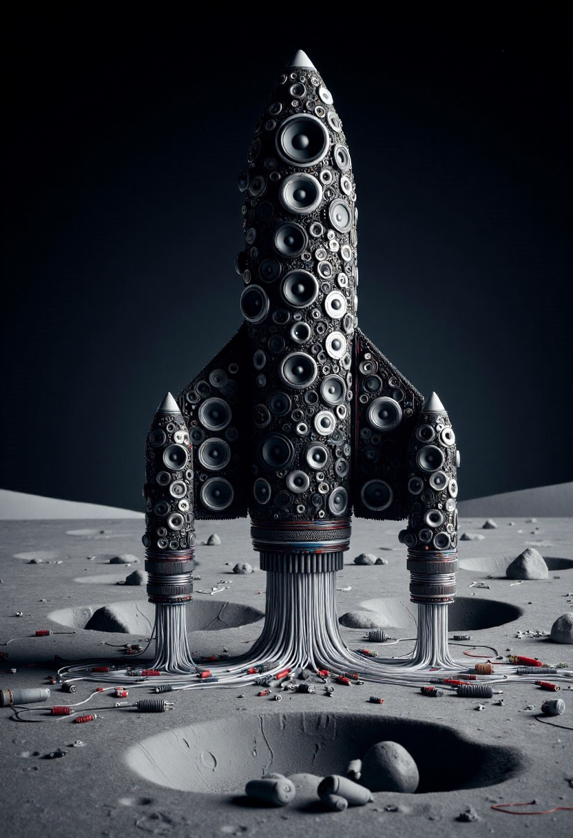 <lora:Audio_Artisan_FLUX:0.9>
Realistic photo of a rocket made entirely of various electronic components and audio equipment on the moon.