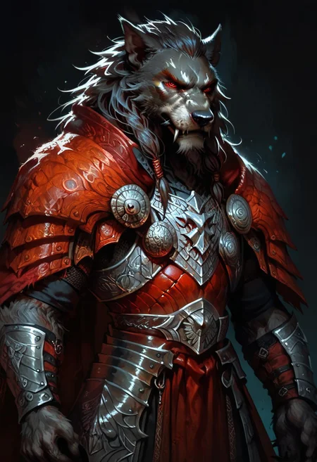 score_9, score_8_up, score_7_up, (worgen), (werewolf), male, simple background, dark background, red eyes, menacing look, black outfit, pale skin, solo, hairy, long beard, dark heavy armour, red medieval armour, red chainmail, mythril armour, runic silver ornaments, fur cloak, standing up straight, calm face, ginger hair, closed mouth, cowboy shot
